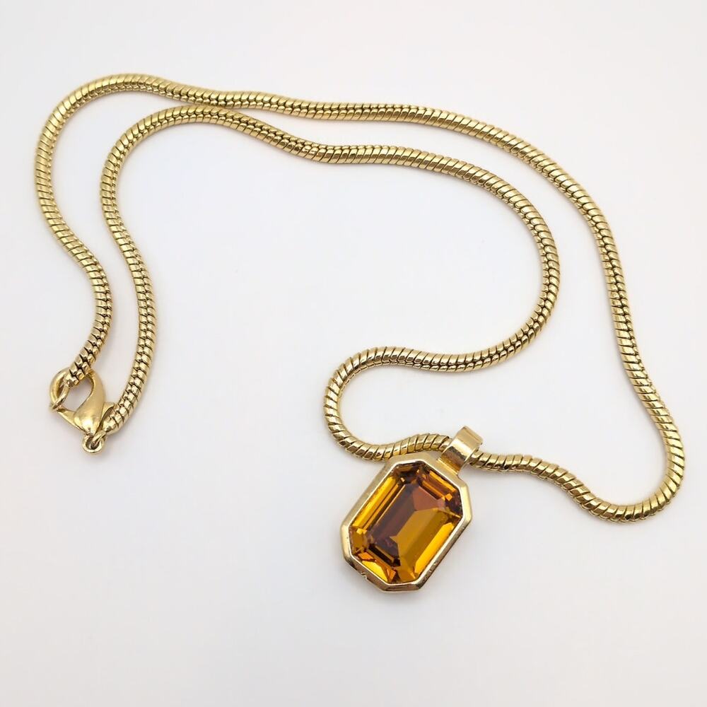 Vintage Christian Dior Orange Crystal Pendant Snake Chain Necklace 19.75in